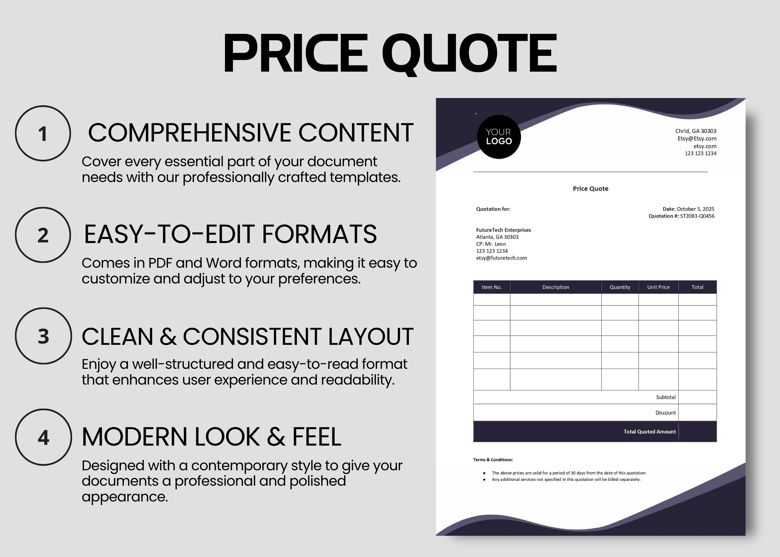 Editable Quotation Template - Simple Price Quote for Business (Word & PDF) - Clean & Professional Layout