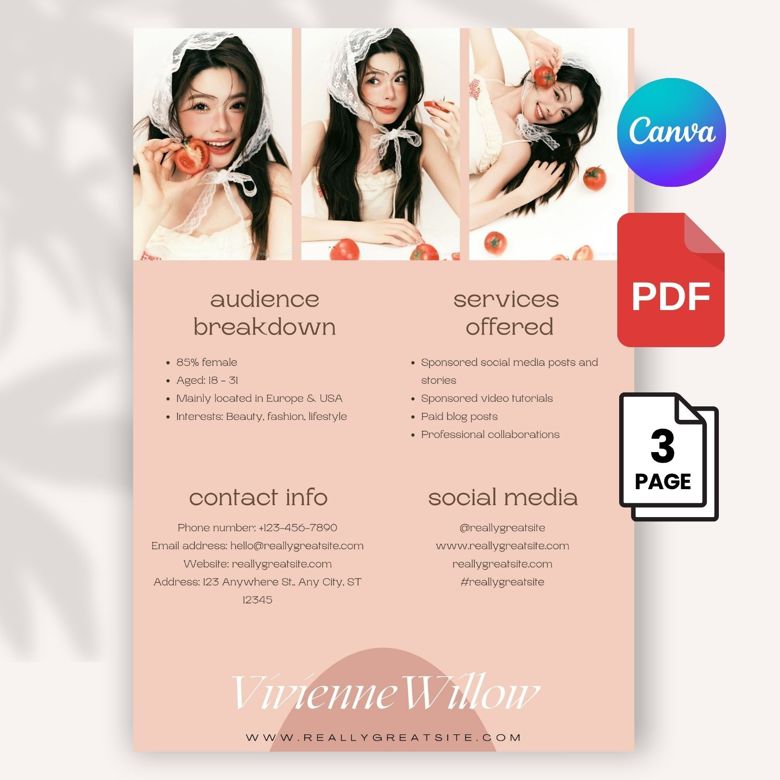 Elegant Media Kit Template for Beauty & Fashion Influencers | Editable Canva Portfolio for Bloggers & Creators | A4 Size | Inst