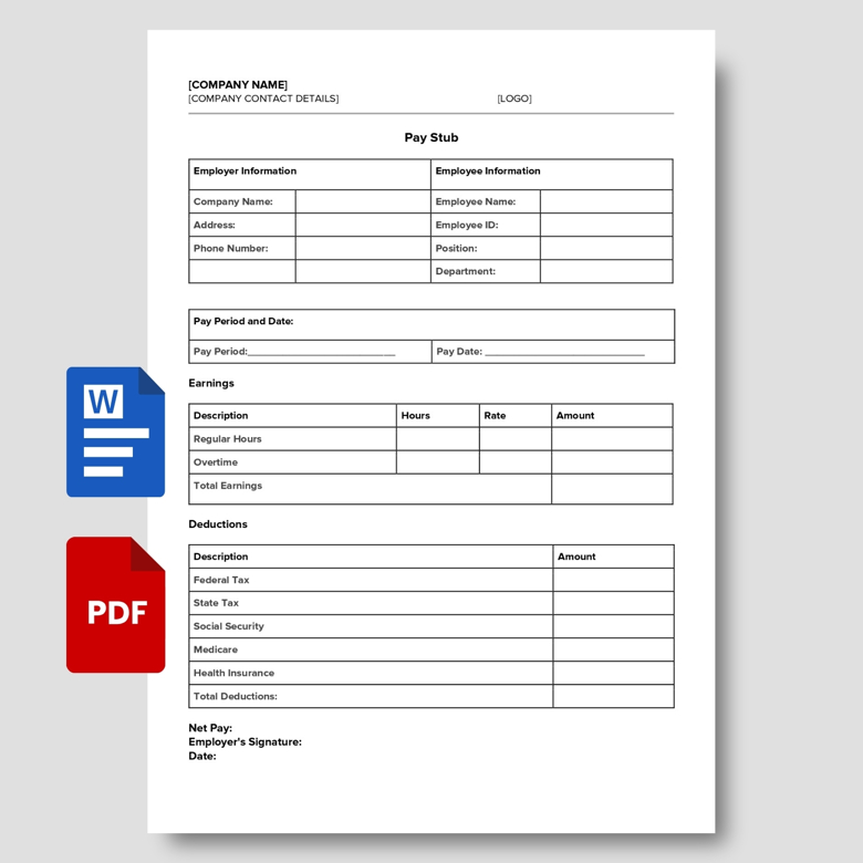 Editable Pay Stub Template - Fillable Payroll Slip PDF & Word - Professional Payslip for Small Business