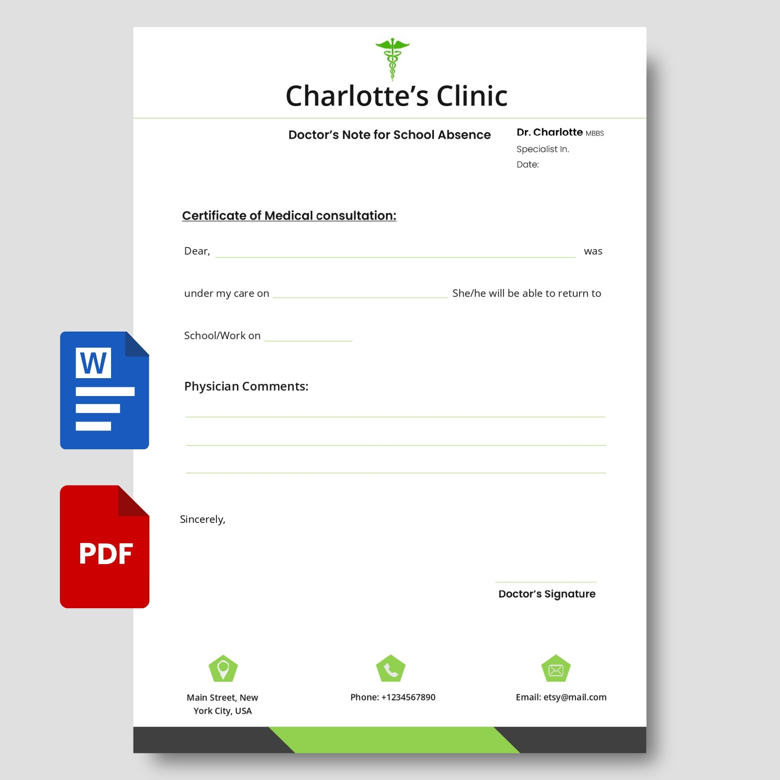 Doctor’s Note for School Absence Template | Printable & Editable Medical Excuse Form | PDF & Word