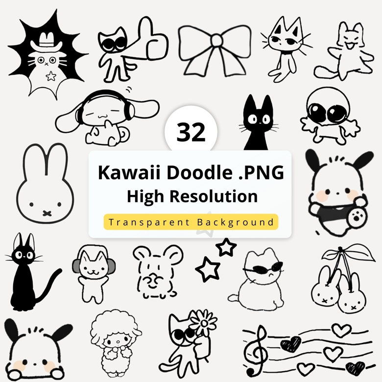 32 Kawaii Doodle PNG Set | Cute Sketch, Cartoon, Chibi Drawing