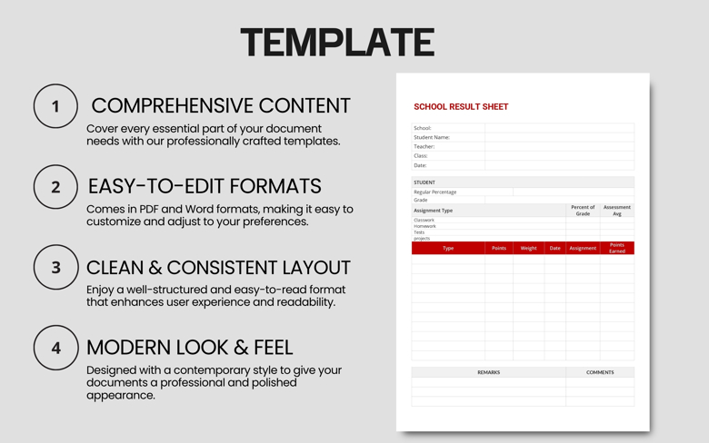 Editable School Report Card Template - Student Result Sheet PDF & Word - Academic Progress & Grade Tracker