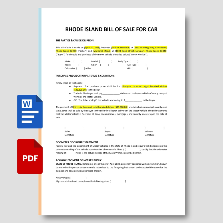 Rhode Island Car Bill of Sale Template | Vehicle Sales Agreement | Printable PDF & Editable Word | With Odometer & Notary Secti