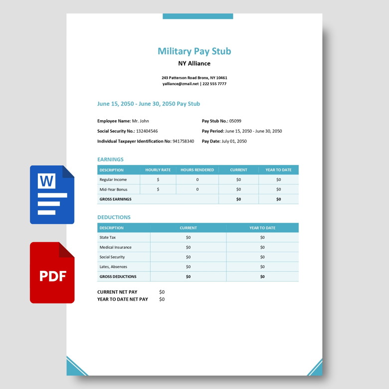 Military Pay Stub Template | Printable & Editable Army Paycheck Slip | PDF + Word | Instant Download