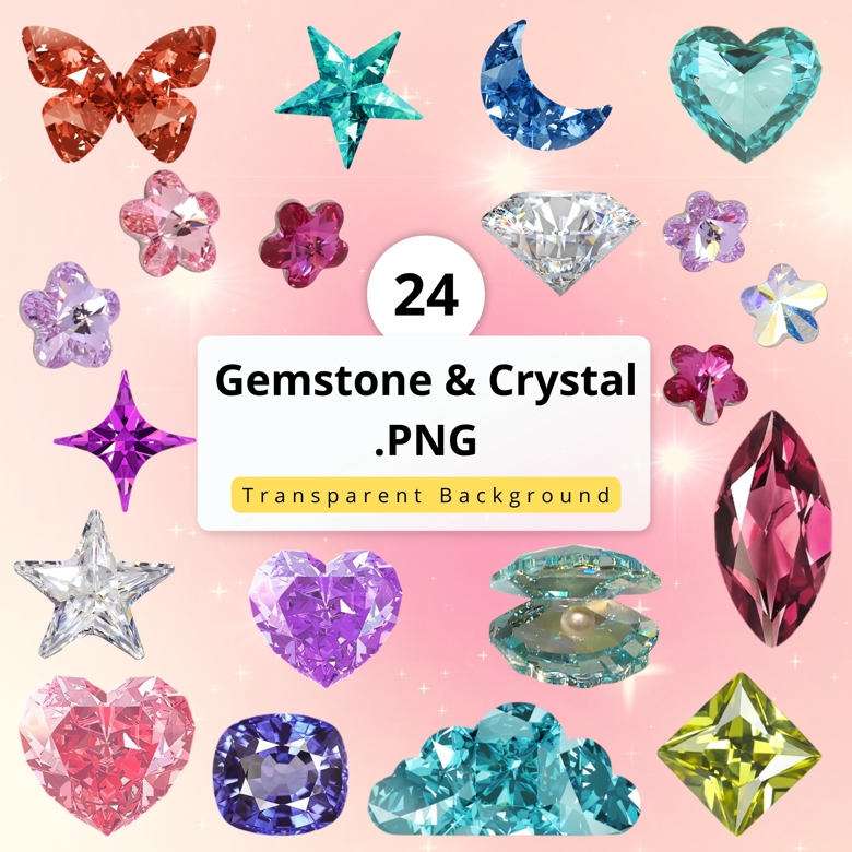 24 Gemstone & Crystal PNG Set | Diamonds, Gems, Jewels, Sparkling Stones