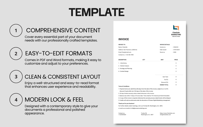 Marketing Invoice Template | Editable Invoice for Freelancers & Agencies | PDF & Word | Instant Download