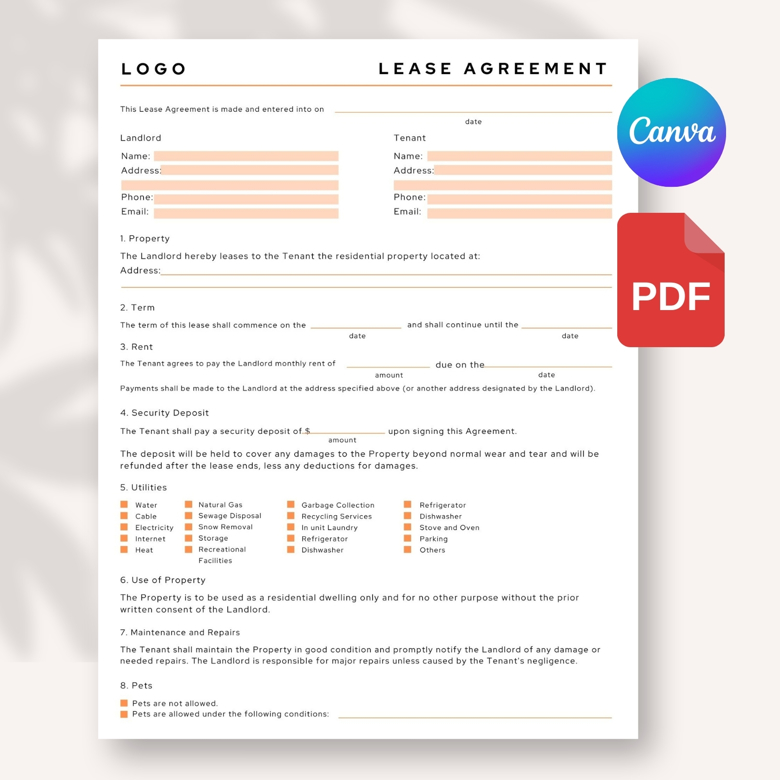 Lease Agreement Template | Editable Canva Rental Contract Form | Residential Tenancy Agreement