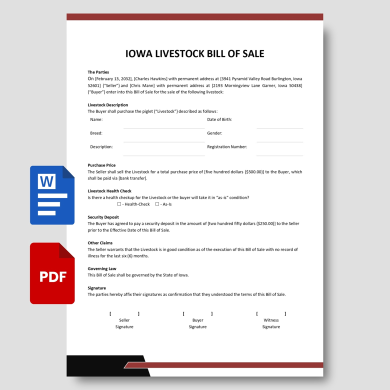 Iowa Livestock Bill of Sale Template | Editable PDF & Word | Piglet or Farm Animal Sale Form | Instant Download