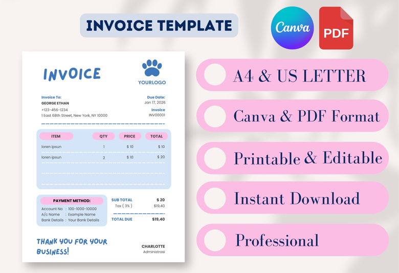 Pastel Pink & Blue Invoice Template | A4 + US Letter Size | Printable Small Business Billing PDF | Digital Download