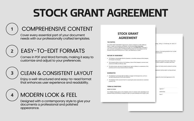 Stock Grant Agreement Template | Editable Employee Share Allocation Contract | Business Equity Document PDF & Word Format