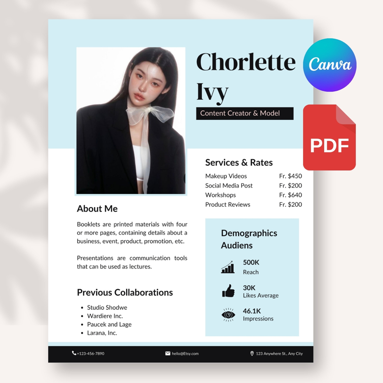 Modern Influencer Media Kit Template | Editable Model Portfolio & Rate Card | Canva Template for Content Creators | Press Kit f