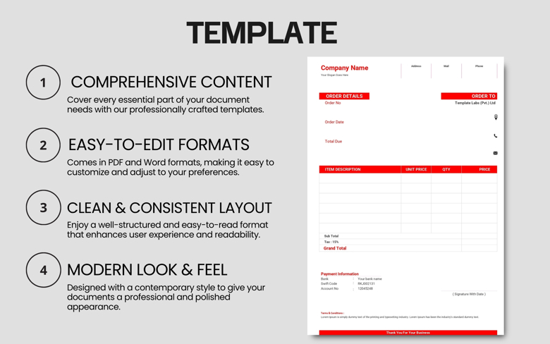 Editable Order Form Template | Printable Purchase Order Sheet in PDF & Word | Business Sales Form with Payment Info