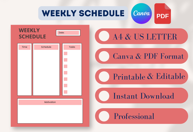 Daily Weekly Schedule Planner | Motivation & Task Tracker | Aesthetic Red Layout | Canva Editable Template