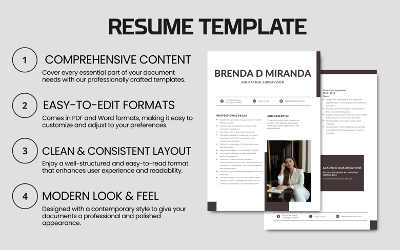 Editable Animation Supervisor Resume Template | CG & 3D Artist Resume for Film & Gaming | Word & Fillable PDF CV