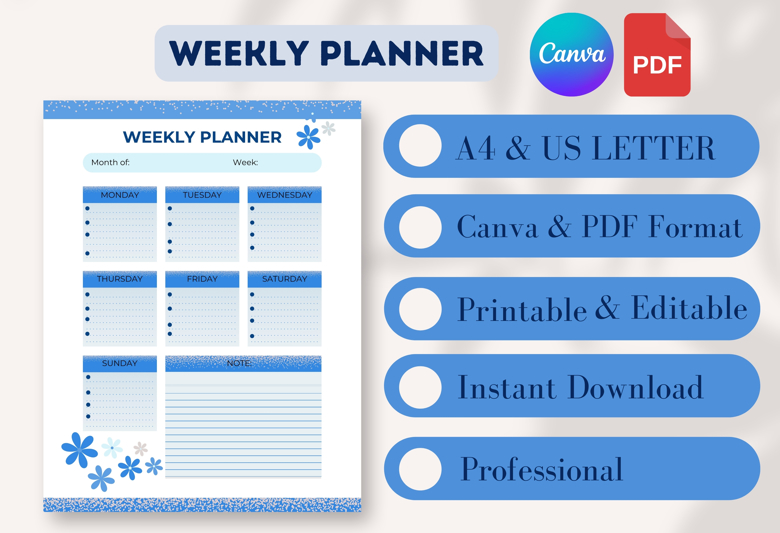 Floral Weekly Planner Template | Printable Schedule Organizer | A4 & US Letter | Editable in Canva | Blue Minimal Design