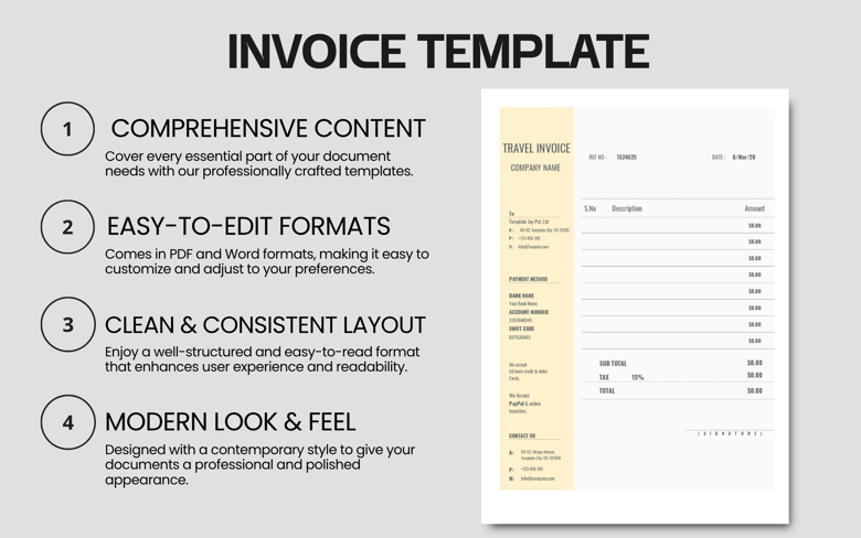 Travel Invoice Template | Editable Business Billing Form in PDF & Word | Professional Trip Expense Receipt