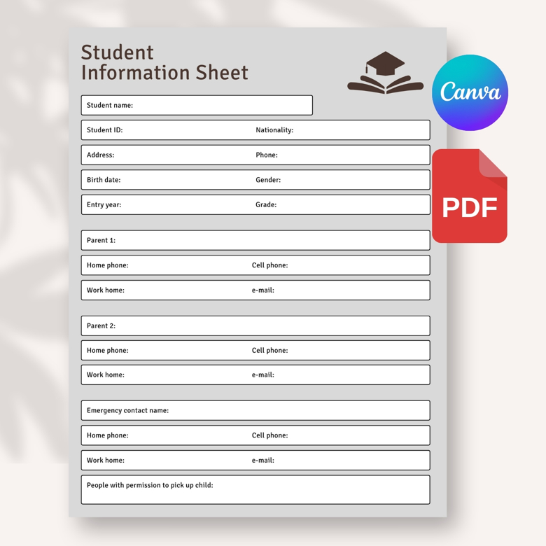 Student Information Sheet Template | Editable Canva School Enrollment Form | Parent Contact & Emergency Info Sheet