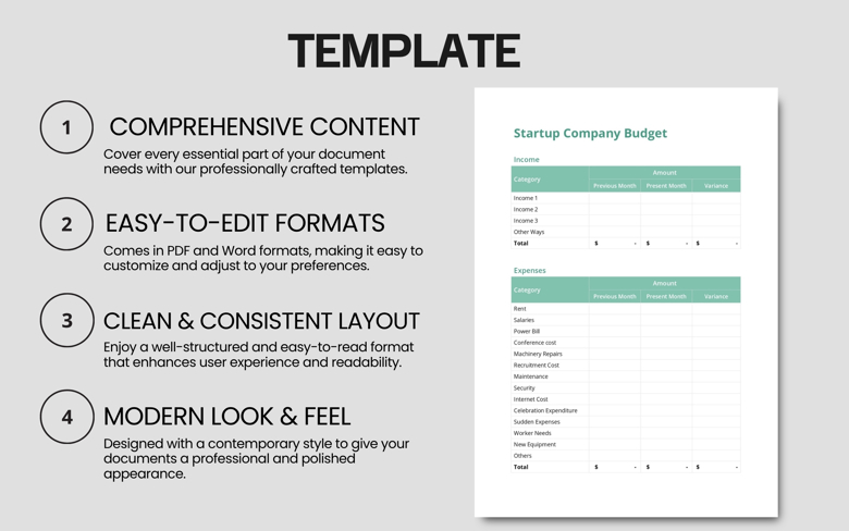Editable Startup Company Budget Template | Monthly Business Expense Tracker | Fillable PDF & Word