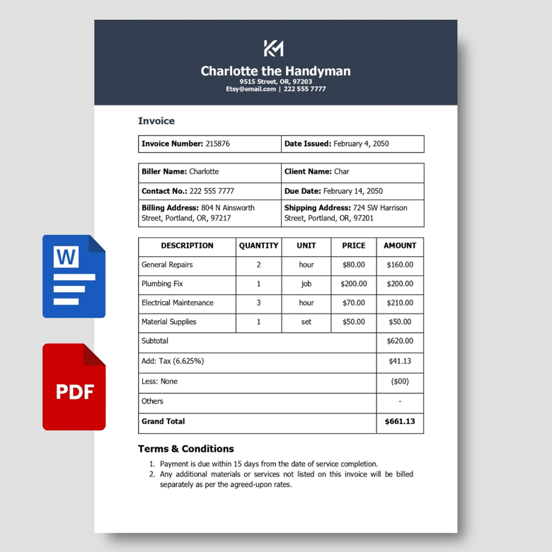 Editable Handyman Invoice Template | Sole Trader Invoice | Fillable Word & PDF Billing Statement for Services