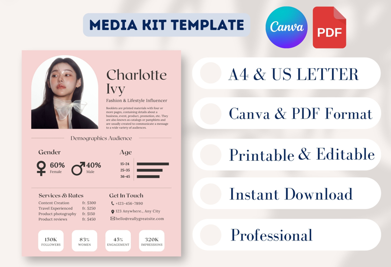 Blush Pink Influencer Media Kit Template | Fashion & Lifestyle Rate Card | Editable Canva Press Kit for Instagram Creators | A4
