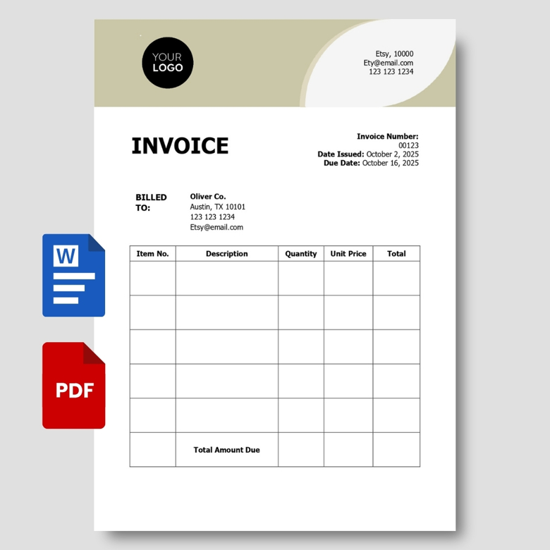Editable Invoice Template - Professional Business Invoice PDF & Word - Simple & Minimalist Design