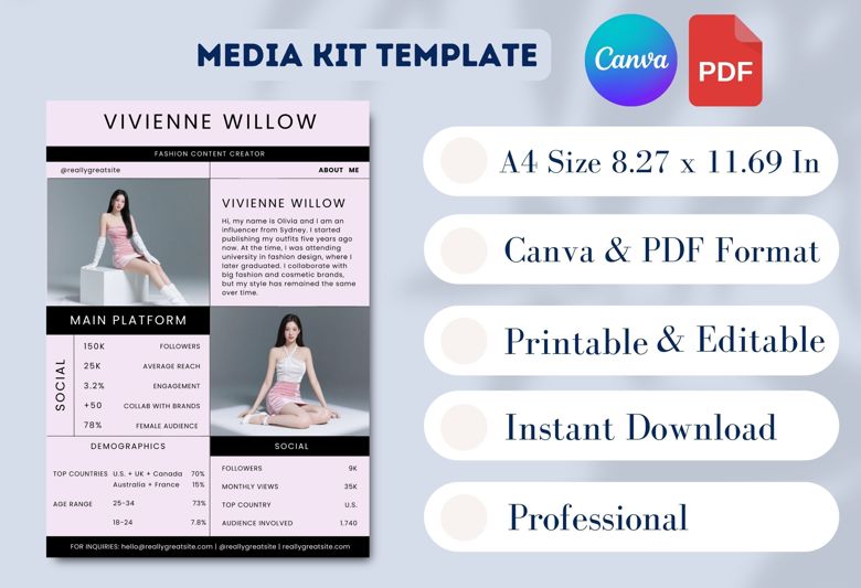 Fashion Magazine & Media Kit Template | Editable Canva Template A4 | Minimalist Pink Aesthetic Influencer Kit