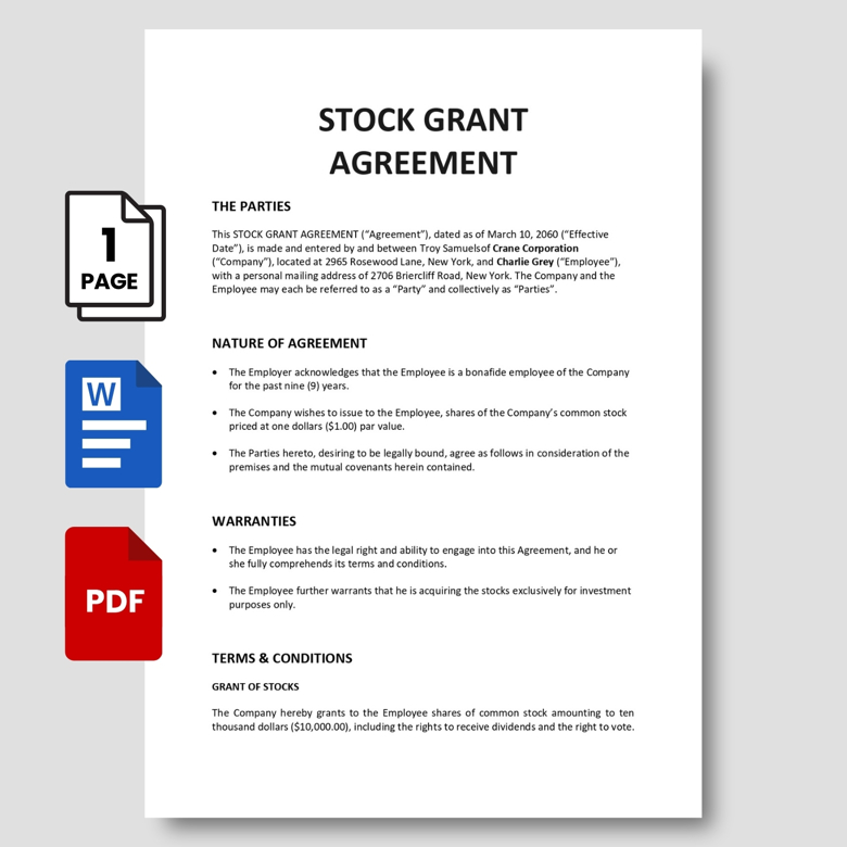 Stock Grant Agreement Template | Editable Employee Share Allocation Contract | Business Equity Document PDF & Word Format