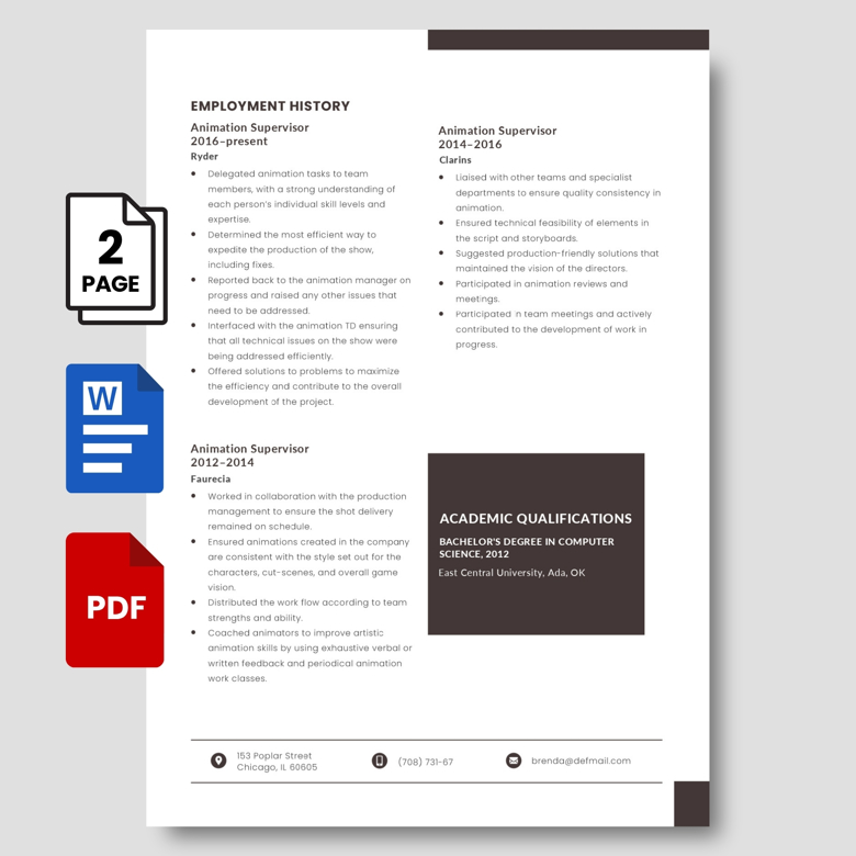 Editable Animation Supervisor Resume Template | CG & 3D Artist Resume for Film & Gaming | Word & Fillable PDF CV