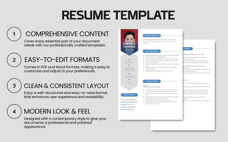Editable Instructor Resume Template - Professional Two-Page CV for Trainers & Educators PDF & Word - Clean Modern Job Applicati
