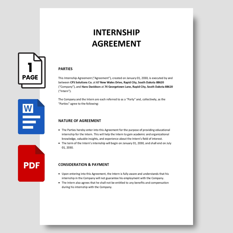Internship Agreement Template | Editable Intern Contract PDF & Word | Professional Internship Legal Document for Companies & St