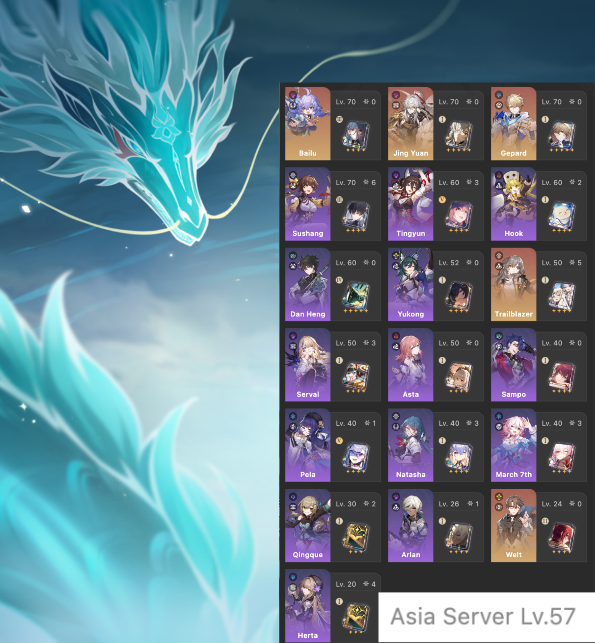 Genshin Impact Asia Server Account Lv.57 + Honkai Asia
