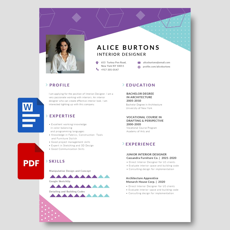 Editable Modern Resume Template - One Page CV for Interior Designer PDF & Word - Professional Job Application Layout