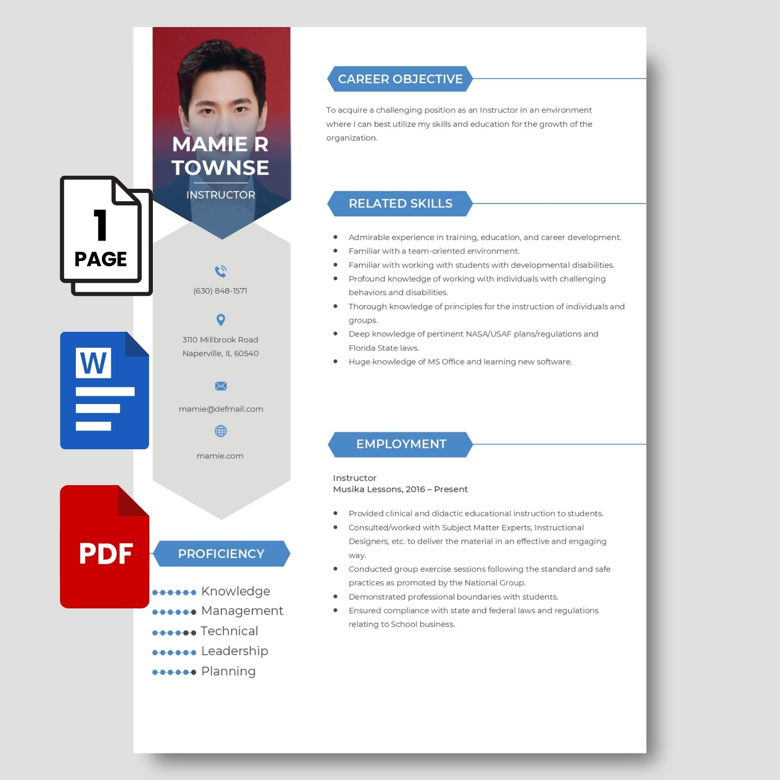 Editable Instructor Resume Template - Professional Two-Page CV for Trainers & Educators PDF & Word - Clean Modern Job Applicati