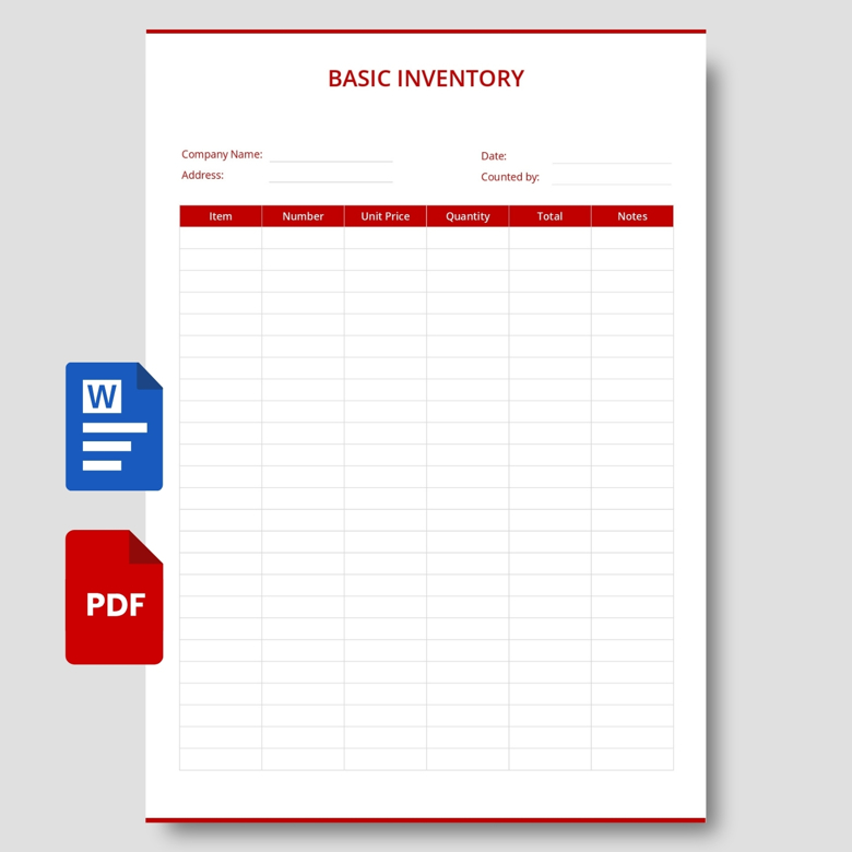 Basic Inventory Template | Editable Stock Log Sheet in PDF & Word | Printable Inventory Tracker for Small Business