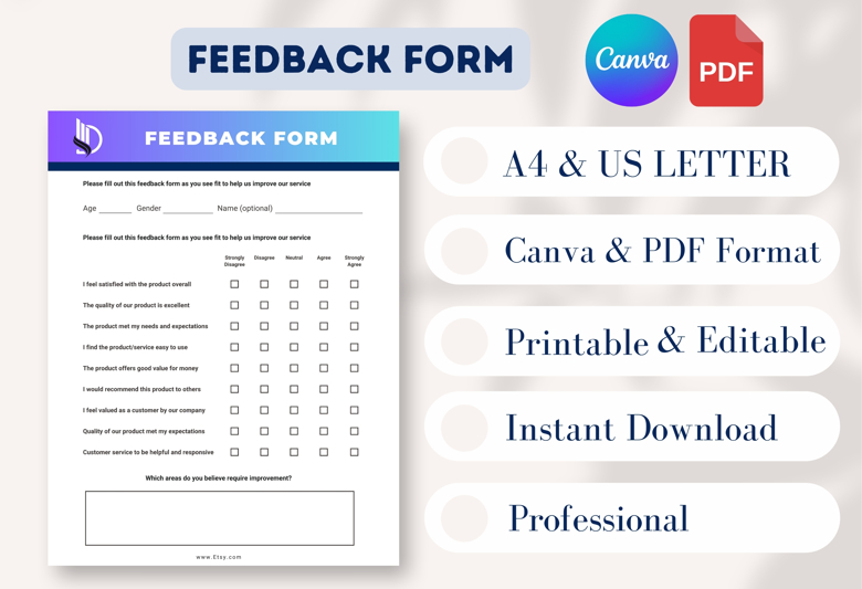 Customer Feedback Form Template | Printable Survey Form | A4 & US Letter | Editable in Canva | Business Review Form