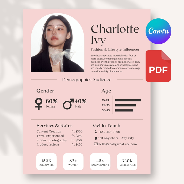 Blush Pink Influencer Media Kit Template | Fashion & Lifestyle Rate Card | Editable Canva Press Kit for Instagram Creators | A4