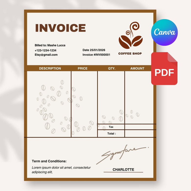 Coffee-Themed Business Invoice | Perfect for Cafes, Bakeries & F&B Brands | Instant Download