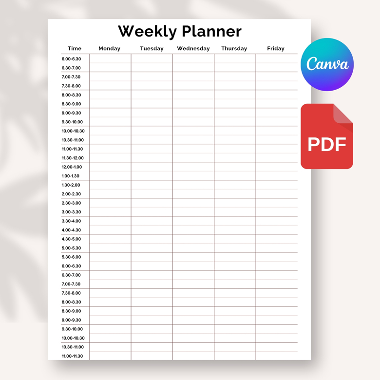Hourly Weekly Schedule | Time Blocking Printable Planner | 6 AM to 11:30 PM | A4 & US Letter | Canva Template
