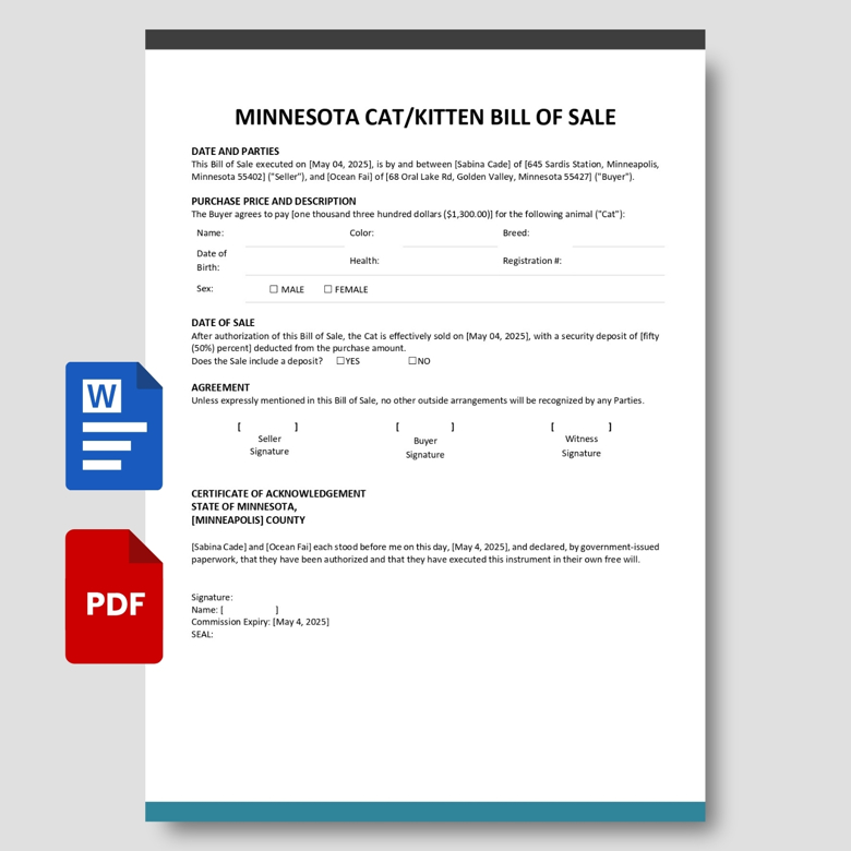 Minnesota Cat/Kitten Bill of Sale Template | Editable Pet Purchase Agreement | Fillable PDF & Word Format