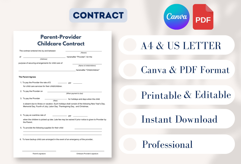 Editable Childcare Contract Template | Parent-Provider Daycare Agreement | Printable Babysitter Contract | Canva Template