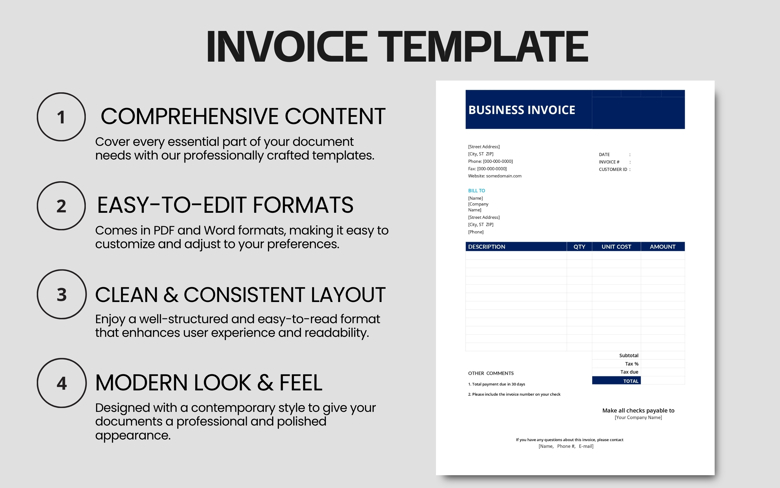 Business Invoice Template | Editable Billing Form in PDF & Word | Printable Company Invoice for Products or Services