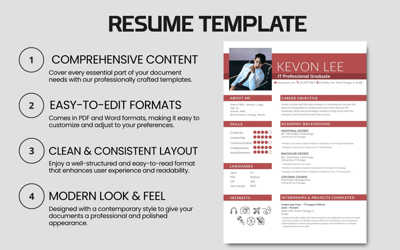 Editable IT Professional Resume Template - One Page CV for Fresh Graduates PDF & Word - Modern Tech Industry Job Application