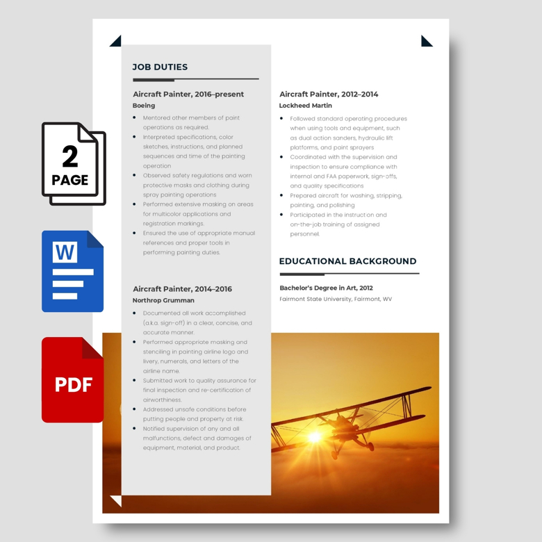 Editable Aircraft Painter Resume Template - Aviation Industry CV PDF & Word - Professional Job Application Layout for Technical