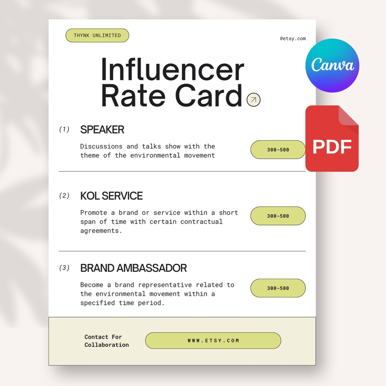 Minimalist Influencer Rate Card Template | Canva Editable Speaker & KOL Pricing Sheet | A4 & US Letter | Eco Style | Instant Do