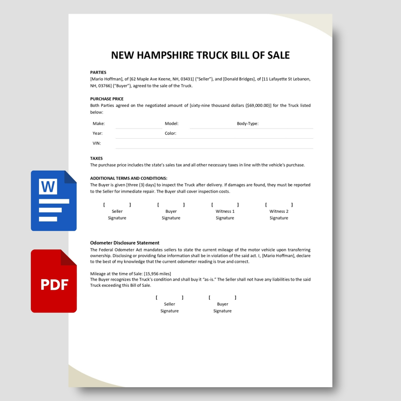 New Hampshire Truck Bill of Sale Template | Printable Vehicle Sales Form with Odometer Disclosure | Word & Fillable PDF