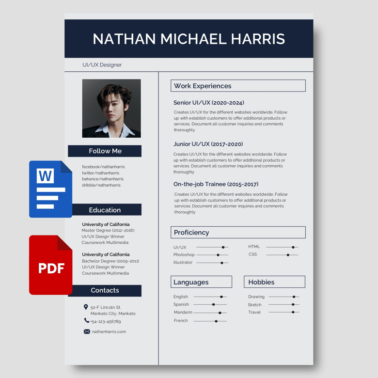 Editable Modern Resume Template - UI/UX Designer CV PDF & Word - One Page Creative Job Application Layout