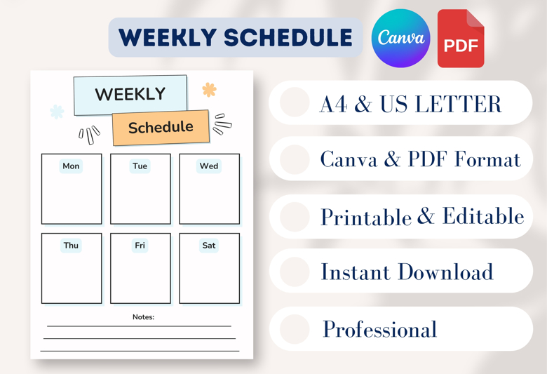 Cute Weekly Schedule Planner | Simple Colorful Kids Layout | Editable Canva Template | Printable PDF