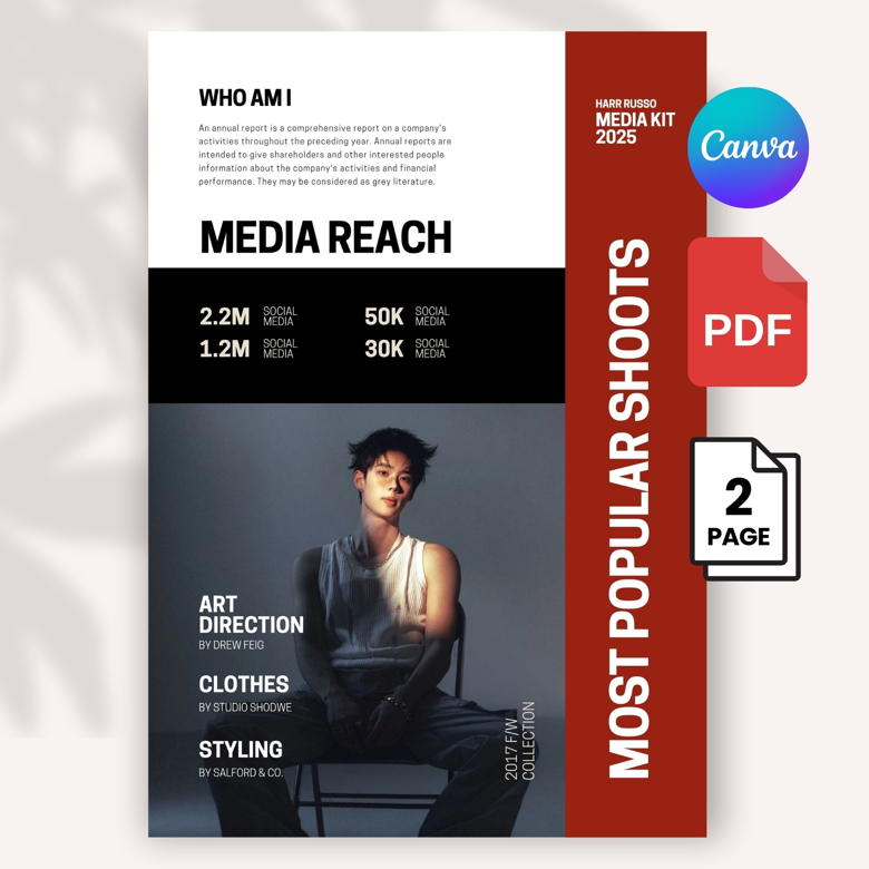 Bold Media Kit Template for Male Influencers | Editable Canva Press Kit for Fashion Models & Digital Creators | Modern Editoria