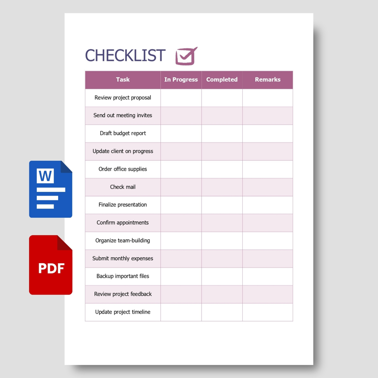 Editable Checklist Template - Task & Project Organizer (PDF & Word) - Minimalist To-Do List for Work & Personal Use