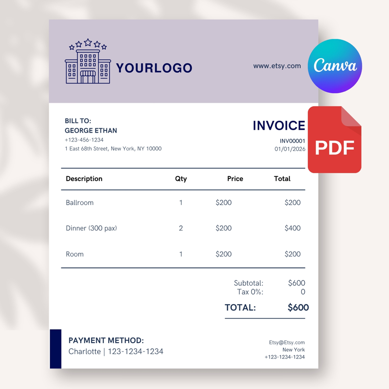 Elegant Event Venue Invoice | Ballroom, Dinner & Room Booking Template | A4 & US Letter | Canva Editable